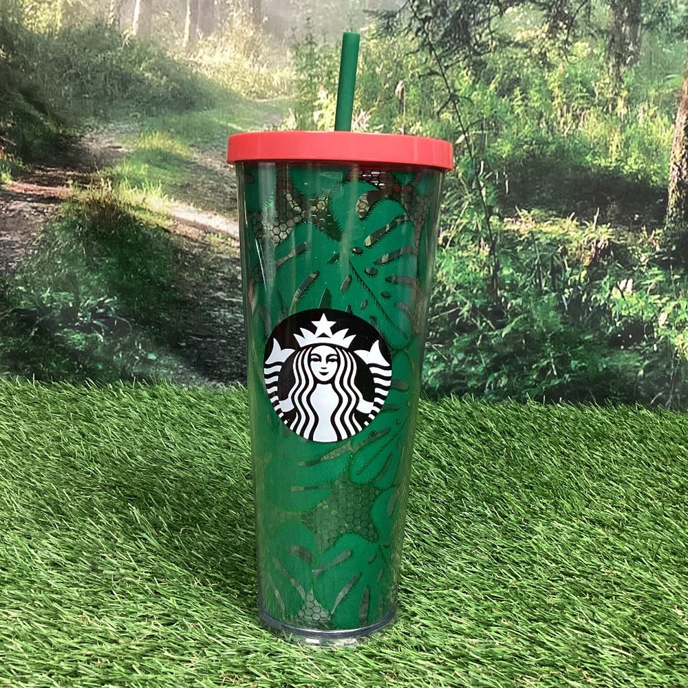 Starbucks Venti Green Tropical Lace Banana Leaf Tumbler 24oz